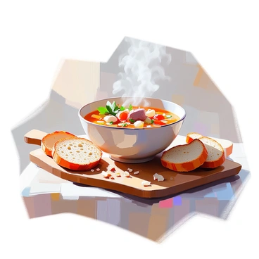 A steaming bowl of soup with a side of sliced rye bread