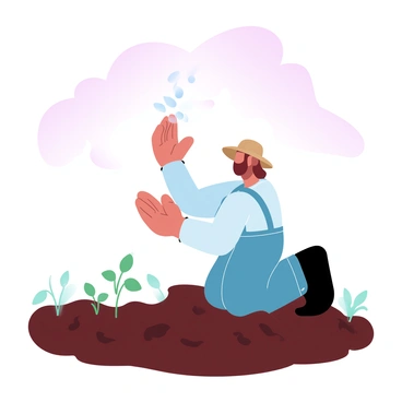 A farmer is kneeling in a field filled with rich, dark brown soil. The farmer is wearing a straw hat and denim overalls, holding a handful of seeds above the ground, ready to plant them. Small green shoots are beginning to emerge from the soil nearby, indicating the start of new growth. The sky above is filled with soft pink and light blue hues, creating a gradient effect that enhances the hopeful atmosphere of the scene. A row of freshly planted seeds stretches out in front of the farmer, symbolizing the promise of a bountiful harvest in the future.