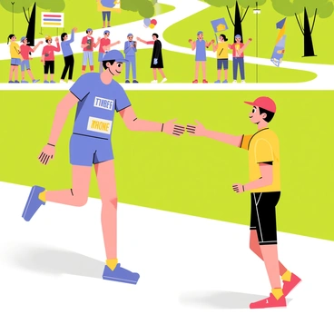 A runner wearing a bright blue athletic outfit is extending their hand for a high five. The young spectator on the sidelines, wearing a red cap and a yellow t-shirt, is reaching out enthusiastically to meet the runner's hand. The background features a grassy park area with cheering crowd members. Several colorful banners and flags are visible, adding to the vibrant atmosphere of the event. Sunlight casts shadows on the ground, emphasizing the excitement of the moment.