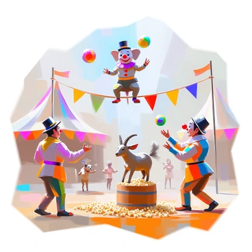 A vibrant circus scene featuring various performers and animals displaying peculiar and amusing appearances. In the foreground, a juggler with colorful clothing is tossing bright, oversized balls into the air, while a clown with a large, red nose and exaggerated makeup is performing tricks nearby. Acrobats are gracefully balancing on a tightrope high above the ground, wearing uniquely patterned costumes. 

Several whimsical animals are part of the spectacle: a small elephant adorned with a sparkling hat, a dog dressed in a tiny suit, and a goat playfully balancing on a barrel. Colorful banners and flags flutter in the background, enhancing the festive atmosphere of the circus. The ground is covered with straw, and scattered popcorn complements the lively scene.