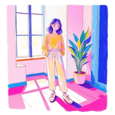 A girl is standing in a clean, modern space. She is wearing a simple, minimalist outfit consisting of a loose-fitting beige top and straight-leg cream trousers. Her shoes are white sneakers that add to the casual look. The interior features smooth white walls and sleek wooden flooring. A large window allows natural light to flood the room, highlighting the minimalist decor. There is a single potted plant in the corner, providing a touch of greenery to the otherwise neutral palette.