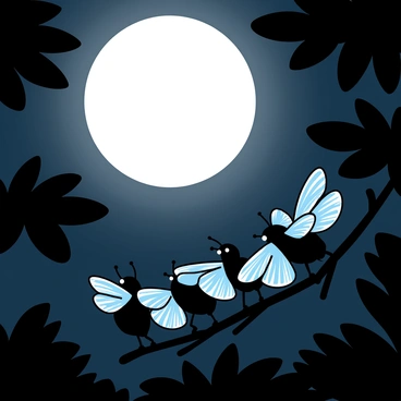 A group of cicadas is perched on a branch in a dense forest under a full moon. The moonlight casts a soft glow on their delicate bodies, highlighting their intricate details. Their wings are open, shimmering with iridescent patterns that reflect the silvery light. The surrounding foliage features dark green leaves, creating a contrast with the bright illumination from the moon. The atmosphere is filled with the rhythmic sound of cicadas, creating a sense of life in the stillness of the night.