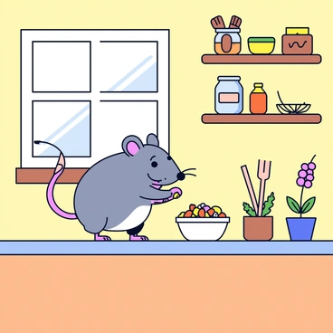 A small rat with grey fur is standing on a wooden kitchen counter. It has a delighted expression as it tastes its own ratatouille creation, which is a colorful mixture of diced vegetables in a small bowl. The kitchen is warm and inviting, with rustic wooden shelves displaying various jars and utensils. There is a potted herb plant nearby, and soft light filters in through a window, casting gentle shadows on the countertop.
