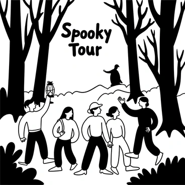 A group of tourists dressed in warm, casual clothing walking through a dense woodland area. One person at the front is holding an old-fashioned lantern, casting light that flickers against the surrounding trees. The trees are tall and gnarled, with twisted branches and sparse leaves creating eerie shadows on the ground. A mist is creeping along the forest floor, partially obscuring the underbrush. A few of the tourists are looking around nervously, while others are pointing at a distant, shadowy figure among the trees. "Spooky Tour" is written in a decorative font above the scene.