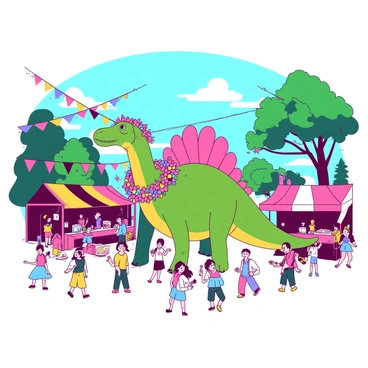 A vibrant scene of a festival in Dinotopia is set, featuring a large stegosaurus adorned with colorful decorations. The stegosaurus stands at the center of the celebration, wearing a garland of bright flowers around its neck. Surrounding the dinosaur, various colorful banners and streamers hang from the trees, creating a festive atmosphere. Groups of Dinotopian characters in cheerful attire can be seen dancing and playing musical instruments, filling the air with lively sounds. There are stalls with food and colorful treats, adding to the excitement of the event. The sky is clear and blue, making the festival even more lively and inviting.