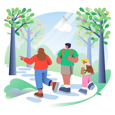 A group of three hikers is walking along a winding nature trail. One hiker, a woman with long brown hair, is wearing a red jacket and blue hiking pants. She is pointing ahead with excitement. The second hiker, a man with short black hair, is wearing a green t-shirt and khaki shorts, carrying a brown backpack. The third hiker, a young girl with curly blonde hair, is wearing a yellow cap and light pink leggings. They are surrounded by tall trees with green leaves, creating a lush canopy above them. Birds with vibrant feathers are perched on branches, and some are flying across the clear blue sky. Sunlight filters through the leaves, creating dappled patterns on the ground.