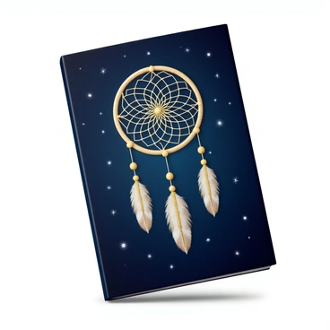 A book cover featuring a large, intricately designed dreamcatcher with delicate feathers hanging from it. The dreamcatcher is centered on the cover, surrounded by a scattering of shimmering stars. The background is a deep midnight blue sky, dotted with various sizes of twinkling stars, creating a sense of depth. The overall composition captures the enchanting theme of dreams and mysticism with a harmonious balance between the dreamcatcher and the celestial elements.