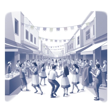 A street filled with people celebrating. Festive decorations hang from buildings, creating a lively atmosphere. Musicians play various instruments, adding rhythm to the joyful scene. Groups of dancers perform in unison, showcasing traditional movements. Spectators are clapping and cheering, caught up in the excitement of the celebration. Stalls line the street, offering food and drinks, while colorful banners flutter in the wind, contributing to the festive spirit of freedom.