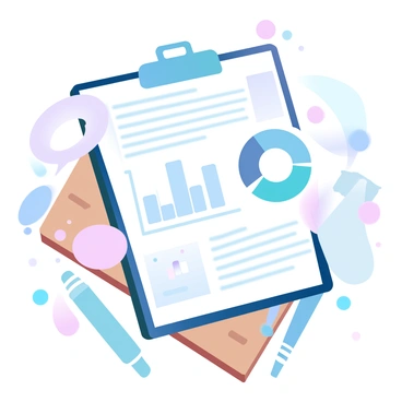 A clipboard is holding a summarized financial report filled with various charts and graphs. The report includes a bar graph with rising figures, a pie chart with distinct color segments illustrating different financial categories, and bulleted text sections summarizing key points. The clipboard is positioned on a wooden desk, and there are a few stationery items, such as a pen and a pair of glasses next to it.