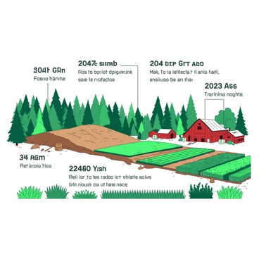 A duotone illustration depicting a timeline of a forest transforming into a farm over several years. In the first section, there is a dense green forest filled with tall trees and underbrush. The next section shows the gradual clearing of trees, with stumps and fallen branches visible, while some trees remain intact. As the timeline progresses, a portion of the land is being plowed, revealing rich brown soil, and farm tools are scattered around. In the later sections, rows of crops are growing, showcasing vibrant green plants, while sections of the farm are marked by a white wooden fence. Finally, the last section features a red barn with a small farmhouse nearby, surrounded by flourishing fields ready for harvest.