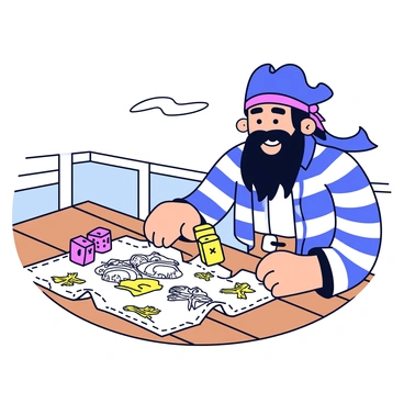 A pirate with a weathered face and a tricorn hat is sitting on the wooden deck of a ship. The pirate has a long, dark beard and is wearing a striped shirt. In front of him, he is rolling two six-sided dice on a small, weathered cloth. Nearby, there is an old treasure map, partially unrolled, showcasing an "X" marking a treasure spot surrounded by drawings of palm trees and mountains. The ship’s railings are visible in the background, and a gentle breeze ruffles the pirate's clothes.