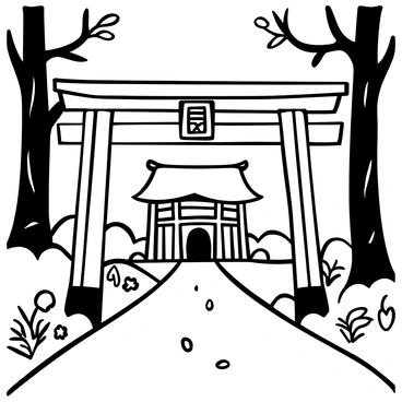 A large "torii gate" stands prominently at the entrance of a shrine. The gate features intricate wooden textures and traditional design elements. Surrounding the gate, there are tall trees with detailed bark and leaves, creating a natural frame. The path leading to the shrine is lined with smooth stones, and the shrine itself is illustrated with distinct architectural features, such as a thatched roof and wooden beams. Various plants and flowers are scattered around the scene, enriching the natural environment.