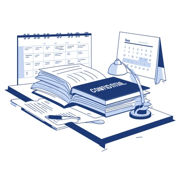 A white desk is covered with a neat stack of official government documents and files. The documents are neatly organized, some slightly fanned out to show the text and seals on them. A black binder is placed on top of the stack, labeled with "Confidential" in bold letters. Next to the stack, there is a pen lying on the desk, and a small desk lamp casts a focused light on the documents. A calendar on the wall in the background displays the current month, highlighting important dates.