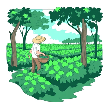 A green coffee plantation filled with rows of coffee plants, their leaves vibrant and healthy. Tall trees are providing shade over the plantation, their trunks thick and bark textured. In the background, a farmer wearing a wide-brimmed hat is carefully tending to the coffee plants. The farmer is wearing a light-colored shirt and brown pants, holding a basket filled with coffee cherries. Sunlight filters through the leaves of the trees, casting dappled shadows on the ground.