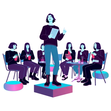 An emo poet with pale skin and dark hair styled in an unkempt manner stands on a small stage. They wear a black oversized sweater, skinny jeans, and combat boots. The poet holds a piece of paper with their written work, their expressive face revealing deep emotion. Around them, a captivated audience sits on mismatched chairs and cushions, their faces illuminated by soft, warm lighting. Some audience members are nodding along, while others have their eyes closed, fully immersed in the performance. Small tables scattered throughout the room have drinks and notebooks, contributing to the intimate atmosphere of the open mic night.