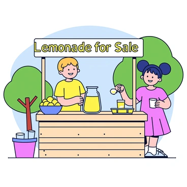 A homemade lemonade stand crafted from wooden planks. The stand is decorated with a colorful sign that reads "Lemonade for Sale" in bold letters. Two children, a boy wearing a yellow t-shirt and a girl in a pink dress, are standing behind the stand. They are smiling and filling cups with freshly made lemonade from a large glass pitcher. There is a bowl of sliced lemons on the stand and a stack of disposable cups. In the background, there are green trees and a clear blue sky.