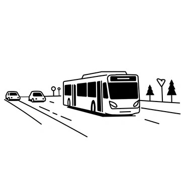 A public bus is moving swiftly along a dedicated express lane on a highway. The bus is designed with a streamlined shape and features large windows. It has a distinct signage indicating its route displayed at the front. On either side of the bus, there are blurred outlines of other vehicles that are traveling in adjacent lanes. The highway is lined with road signs and occasional trees in the background. The scene conveys a sense of motion and efficiency as the bus races towards its destination.