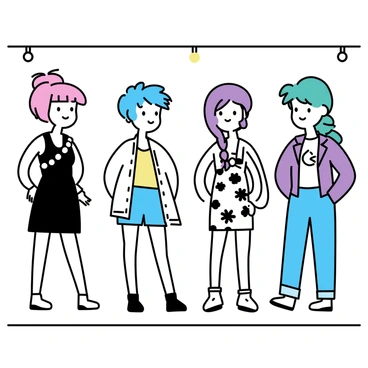A group of four gacha characters lined up on a runway. Each character is wearing a distinct, trendy outfit. The first character has vibrant pink hair, wearing a sleek black dress adorned with silver accessories. The second character sports short blue hair, dressed in an oversized white jacket paired with a colorful crop top and denim shorts. The third character has long purple hair in braids, featuring a stylish floral jumpsuit with chunky boots. The fourth character, with bright green hair, is wearing a tailored suit with a graphic t-shirt underneath and sneakers. The runway is illuminated with bright lights, creating a lively fashion show atmosphere.