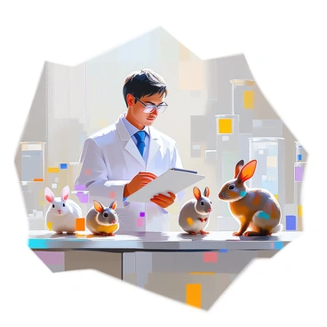 A biologist with medium skin and short dark hair is standing in a controlled laboratory environment, observing a group of genetically engineered animals. The biologist is wearing a lab coat and glasses, holding a notepad filled with notes in one hand. Surrounding the biologist are various animals, including a unique rabbit with vibrant fur patterns and a mouse with unusually large ears. The setting features scientific equipment, glass containers, and a clean, organized workspace. The biologist's focused expression indicates deep concentration on the ongoing research.