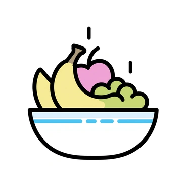 A ceramic bowl, positioned at the center, contains assorted fruit. The bowl is white with a subtle blue pattern around its rim. Inside the bowl, there are vibrant fruits, including a red apple, a yellow banana, and green grapes. The fruits are arranged neatly, with the apple resting on top of the banana. The background is minimal, allowing the focus to remain on the bowl and the fruit it holds.