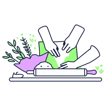 Hands kneading dough with a sprinkle of herbs and a rolling pin nearby