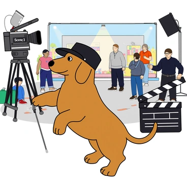 A small dachshund with a smooth, glossy coat is standing on its hind legs on a bustling movie set. The dog is wearing a black director's cap that sits slightly askew on its head. Around the dachshund, various film equipment is scattered, including a large camera on a tripod and a clapperboard that reads "Scene 1." The set background includes colorful props, a bright lighting setup, and crew members bustling about, preparing for the next shot. The dachshund looks focused, its tail wagging enthusiastically as it appears to be giving directions to a few actors positioned nearby.