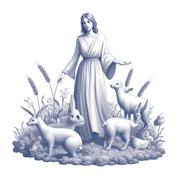 A central figure representing "Demeter" stands gracefully among a variety of animals and plants. The figure has flowing robes that appear to gently sway as if caught in a breeze. Surrounding her are several animals, including a deer, rabbits, and birds, which interact harmoniously with her presence. Various plants are depicted around her, including tall wheat stalks, blooming flowers, and lush green foliage. The composition reflects a sense of interconnectedness in nature, with the animals and plants positioned in a way that suggests a symbiotic relationship. The scene conveys a sense of vitality and abundance, showcasing the diversity of life in close proximity to Demeter.