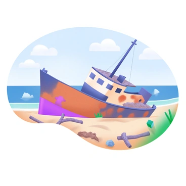 A large, rusted ship sits stranded on a sandy shore, its hull marked with patches of orange and red rust. The ship leans slightly to one side, with its weathered wooden deck partially visible above the sand. Surrounding the ship are scattered pieces of driftwood and small rocks, telling the story of erosion over time. A few tufts of green grass peek through the sand near the base of the ship, adding a touch of life to the scene. In the background, gentle waves lap at the shore under a clear blue sky dotted with fluffy white clouds.