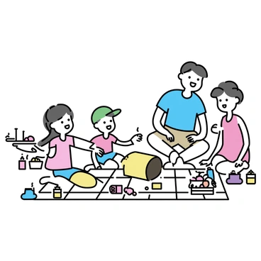 A family of four is seated on a large checkered blanket in a park. The parents, a man wearing a blue t-shirt and khaki shorts and a woman in a red sundress, are smiling while watching their two children. The boy, wearing a green cap and denim shorts, is reaching excitedly for a giant burrito placed in the center of the blanket. The girl, dressed in a pink t-shirt and yellow leggings, is holding a small plate with fruit. Surrounding them are picnic baskets, drinks in colorful cups, and a few scattered toys. The scene captures a joyful atmosphere of togetherness and fun.