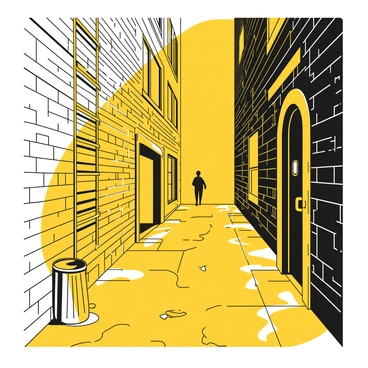 A narrow city alleyway with textured brick walls, covered in intricate black and white illustrations and patterns. The ground is made of cobblestones, slightly cracked and worn. A single metal trash can stands next to the wall, and scattered litter is visible on the ground. A faint silhouette of a person can be seen at the far end of the alleyway, partially obscured by shadows. Overhead, a fire escape ladder hangs down from a building's side, adding to the urban atmosphere.