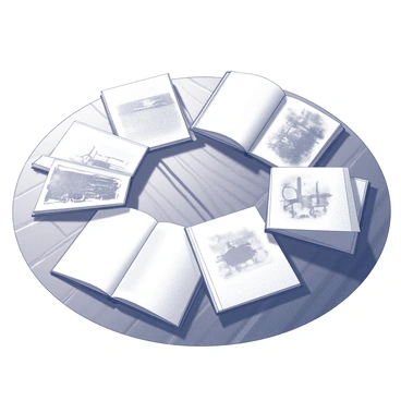 A circular arrangement of sketchpads placed on a studio floor. Each sketchpad is open to reveal its pages, showcasing a variety of artistic styles. The texture of the sketchpads varies; some have blank pages, while others feature detailed sketches and drawings. The floor around the sketchpads is wooden with visible grain patterns, adding depth to the scene. Soft light from above gently illuminates the sketchpads, casting subtle shadows on the floor.