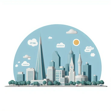 A modern city skyline during the day, featuring a variety of tall skyscrapers made of glass and steel. The skyline includes a prominent building with a unique triangular shape, another with a spiraling design, and a historic tower with a clock. Key landmarks are highlighted with glowing circles and white text indicating their names, such as "City Hall," "Museum of Art," and "Central Park." The sky is bright blue with a few fluffy white clouds, and the foreground includes trees and a bustling street with people walking and cars driving.