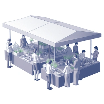 A vibrant traditional market scene filled with numerous vendors. Stalls are arranged closely together, showcasing a variety of "flowers" with intricate details, arranged in "bunches" and "baskets". Nearby, other vendors display "fresh produce" such as "vegetables" and "fruits" neatly organized on tables. Customers of different ages are engaged in conversations, inspecting the goods, and exchanging "money" for items. The market has a lively atmosphere with people moving about, under a typical canopy structure providing shade.