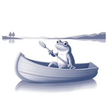 A frog is sitting comfortably in a small wooden boat. The boat has gently curved sides and is crafted from polished wood, showing intricate grain patterns. The frog is holding a small paddle, with its front legs positioned to row. The lake is smooth and mirrored, reflecting the surroundings. In the distance, there are silhouettes of trees and distant hills along the shoreline. The frog appears relaxed, with its eyes focused ahead as it glides across the tranquil surface of the water.