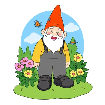 A detailed stone statue of a cheerful garden gnome with a big smile, adorned in a colorful hat and overalls. The statue is positioned on a patch of vibrant green grass, surrounded by various flowering plants in bright colors like pink and yellow. Several butterflies with orange and blue patterns are gently resting on the gnome's head and shoulders. The sunlight filters through the leaves of nearby trees, creating dappled light on the statue. A few soft, fluffy clouds float in the bright blue sky above.