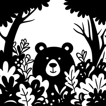 A bear's head is emerging from thick, dense forest foliage, surrounded by various leaves and branches. Sunlight is filtering through the canopy above, casting dappled light onto the bear's fur and the surrounding greenery. The texture of the leaves appears detailed, with shadows creating depth in the scene. The overall setting evokes a sense of nature's richness and liveliness.