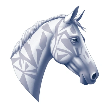 A close-up view of a horse's head, prominently displayed in profile. The head features intricate geometric patterns that cover its surface, including sharp angles, curves, and interlocking shapes. The mane is styled with flowing lines that integrate seamlessly with the patterns, creating a unified design. The horse's eye is depicted with a focused expression, and the nostrils are clearly outlined, adding depth to the image. The overall composition emphasizes the unique details and complexity of the geometric patterns.