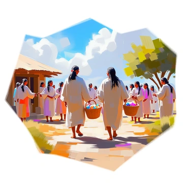 A group of Native Americans, dressed in traditional clothing made from natural materials, arrives at a new settlement after a long journey. They carry woven baskets filled with supplies and personal belongings, showcasing vibrant patterns. The setting includes a backdrop of lush green trees, and the settlement features handmade wooden structures. Some community members greet them warmly, with smiles and outstretched arms. The sky above is a bright blue with a few fluffy white clouds, and the scene is filled with a sense of hope and new beginnings.