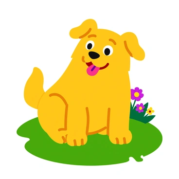 A happy dog with a shiny golden coat is sitting on a green grassy lawn. Its tongue is out, panting joyfully, and its tail is wagging energetically. The dog's ears are perked up, and its bright eyes are sparkling with enthusiasm. Sunlight is casting a warm glow on the dog's fur, highlighting its playful demeanor. In the background, there are colorful flowers blooming, adding to the cheerful atmosphere.