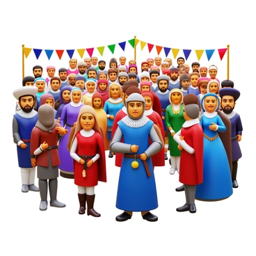 A group of people dressed in various historical costumes, including medieval knights, Victorian ladies, and Renaissance courtiers, gather at a lively festival. Each individual showcases intricate details in their outfits, such as lace collars, ornate buttons, and vibrant fabrics. The scene is filled with colorful banners and stalls selling traditional foods. Some individuals engage in animated conversations, while others participate in traditional dances. The atmosphere conveys a sense of excitement and camaraderie among the attendees.