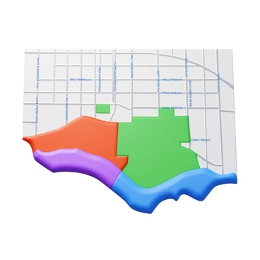 A detailed map showcasing highlighted service areas with distinct boundary lines. The service areas are marked in vibrant colors, clearly delineating the coverage zones for the local delivery business. The boundary lines are bold and clearly defined, separating each area. The map includes key landmarks and street names for orientation.