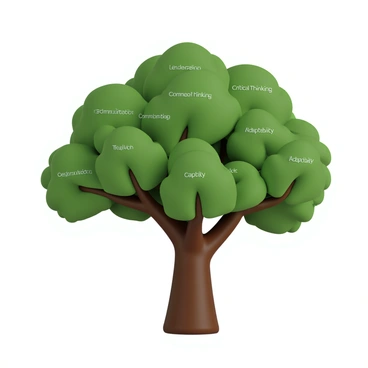 A large, leafy tree with a sturdy trunk and an expansive canopy. The branches of the tree spread out widely, each one labeled with various skills such as "Leadership," "Communication," "Critical Thinking," and "Adaptability." The labels are in clear, bold letters, easily readable. The leaves of the tree are vibrant green, symbolizing vitality and growth. The scene conveys the idea of development and flourishing human capital.