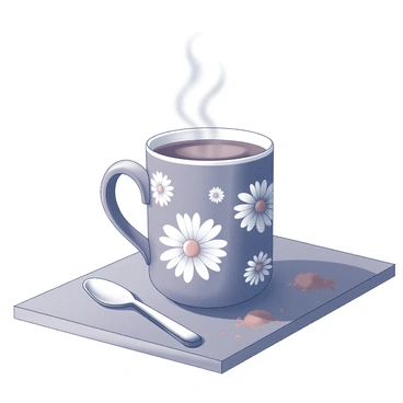 A close-up view of a ceramic mug resting on a wooden table. The mug features intricate "daisy motifs" decorating its surface. Wisps of steam rise from the top of the mug, indicating the warmth of the "hot cocoa" inside. The table has a few scattered cocoa powder and a small spoon beside the mug, creating a sense of a cozy, inviting atmosphere.
