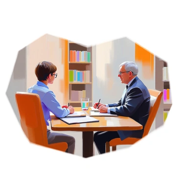 A journalist with short brown hair is sitting on a wooden chair, focused on taking notes in a notebook. The journalist is wearing a blue shirt and glasses. Across from them, a prominent figure, an older man with gray hair and a dark suit, is speaking passionately. The setting features a softly lit room with a wooden table between them. A glass of water sits to the side of the journalist, and the walls are adorned with bookshelves filled with various books. The atmosphere conveys a sense of importance and engagement in the conversation.