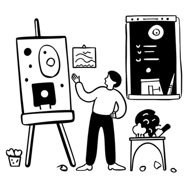 A tutor standing next to a large easel, displaying a canvas with different black and white illustrations showcasing various artistic styles. The tutor is gesturing towards a sketch of a landscape, while examples of abstract forms and geometric designs are placed on tables around them. A chalkboard in the background lists the names of the styles being discussed. Various art supplies, including brushes and charcoal, are scattered on the floor.