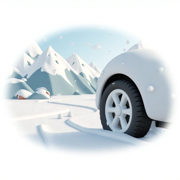 A close-up view of a car wheel, partially covered in snow, resting on a snow-dusted alpine road. The road is winding through a picturesque landscape with snow-capped mountains towering in the background. The sunlight casts a soft glow on the snowy terrain, illuminating the rugged features of the peaks. The wheel has a detailed design, with deep treads visible in the snow. Snowflakes are gently falling around, adding to the wintery atmosphere.