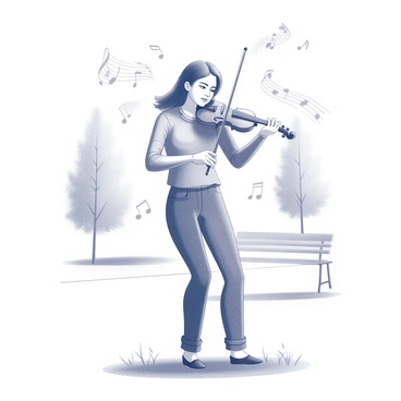 A musician stands in a park, fully engaged in playing a violin. The musician has a focused expression, with their brows slightly furrowed, as they draw the bow across the strings. Surrounding the musician, musical notes are depicted swirling in the air, creating a dynamic and flowing pattern to represent the essence of music and freedom. The park features well-maintained grass and a few trees in the background, providing a serene natural setting for the performance.