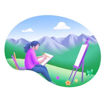 A modern pastel illustration depicting an artist sitting on a grassy hillside, intently sketching a vast mountain landscape. The artist is holding a pencil and sketchbook, surrounded by art supplies including colored pencils and an easel. The mountains in the background are majestic, with varying shades of green and gray, while a clear blue sky stretches above. A few fluffy white clouds drift lazily across the scene, and wildflowers in bright colors dot the foreground, adding vibrancy to the setting.