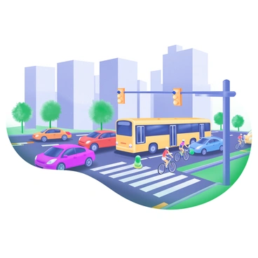 A modern pastel illustration depicting a busy city street filled with various vehicles. There are several cars in vibrant colors, including red, blue, and yellow, driving along the road. A bright, yellow bus is also present, with its doors open and passengers getting on and off. Among the vehicles, cyclists in colorful outfits are riding along designated bike lanes. The street is lined with tall buildings, some with green trees in front, creating a lively urban atmosphere. Traffic lights and crosswalks are clearly visible, adding to the dynamic scene.