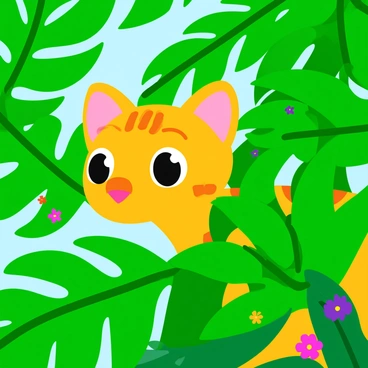 A curious ocelot with distinct spotted fur is peeking through the vibrant green leaves of a tropical tree. The ocelot's large, expressive eyes are focused and inquisitive, with its ears perked up. The leaves around it are lush and varied in shape, creating a thick canopy overhead, filtering dappled sunlight down onto the ocelot. Small colorful flowers bloom among the leaves, adding splashes of color to the scene. The ocelot's body is partially hidden by the foliage, enhancing its playful and stealthy demeanor as it observes its surroundings.